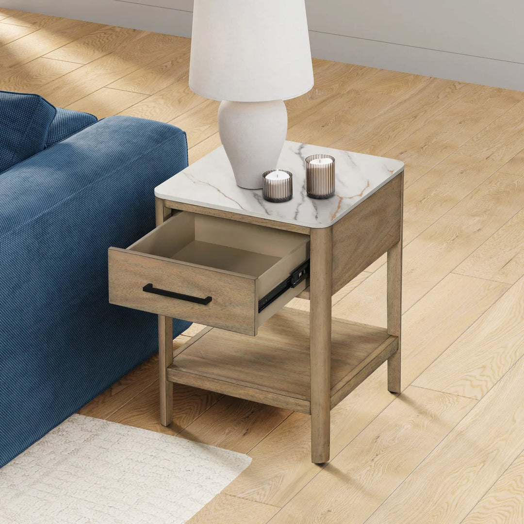 Loxley Rowe - Table d’appoint avec dessus en pierre et tiroir Mindi